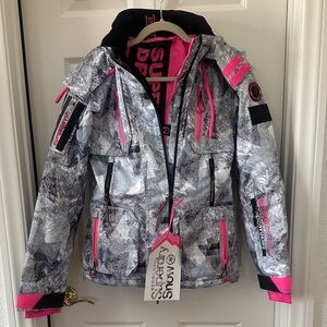 Superdry Kids Gray Camo Raincoat with Bright Pink Trim